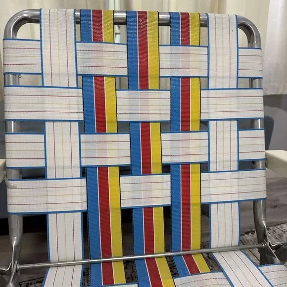 Vintage Rainbow Striped Mesh Web Aluminum Folding Lawn Chair 1970s Sun Terrace - Picture 2 of 13